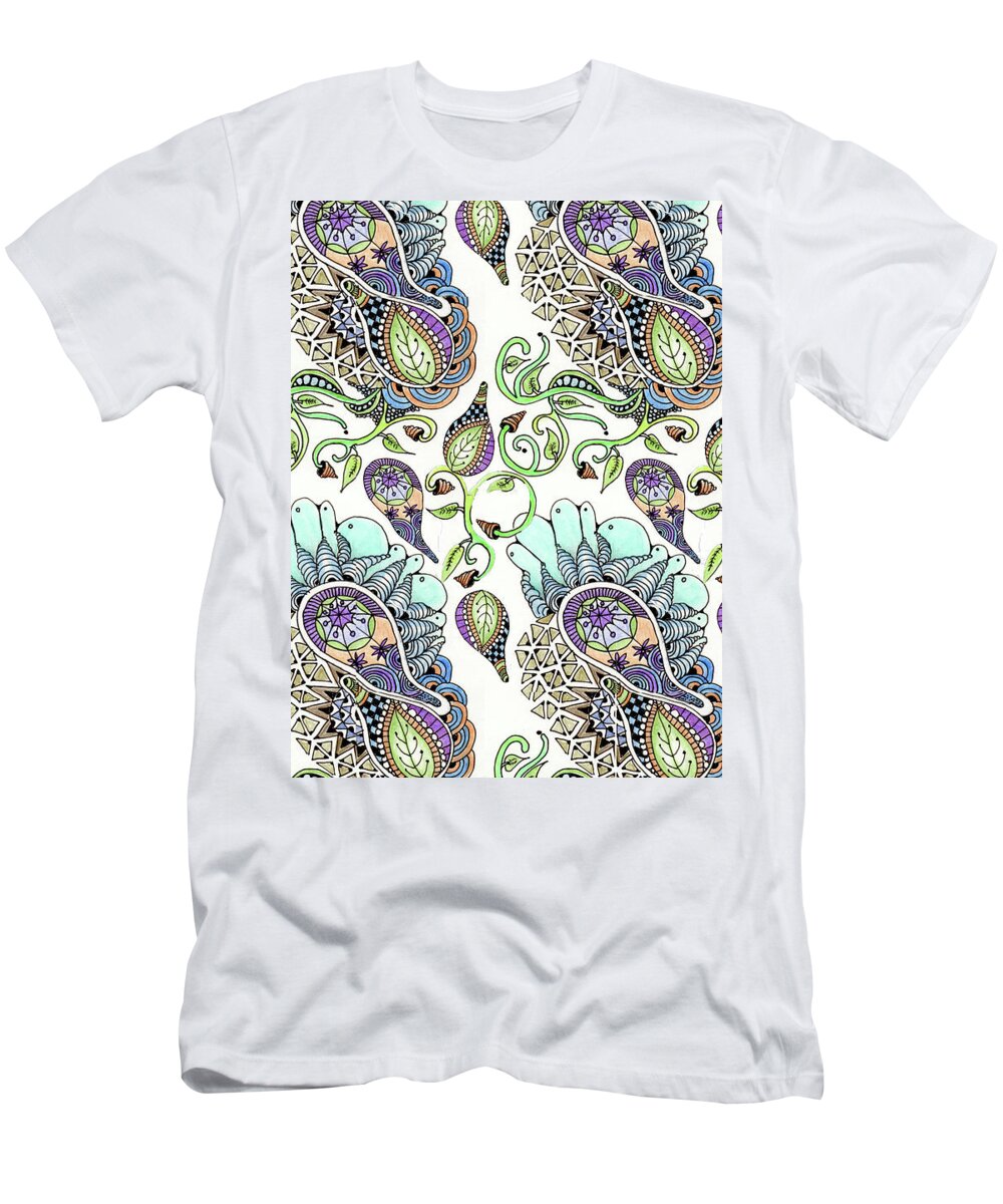 Zentangle Patterns Doodles Pen And Ink Leaves Vines Parameciums T-Shirt featuring the tapestry - textile Clusters by Ruth Dailey