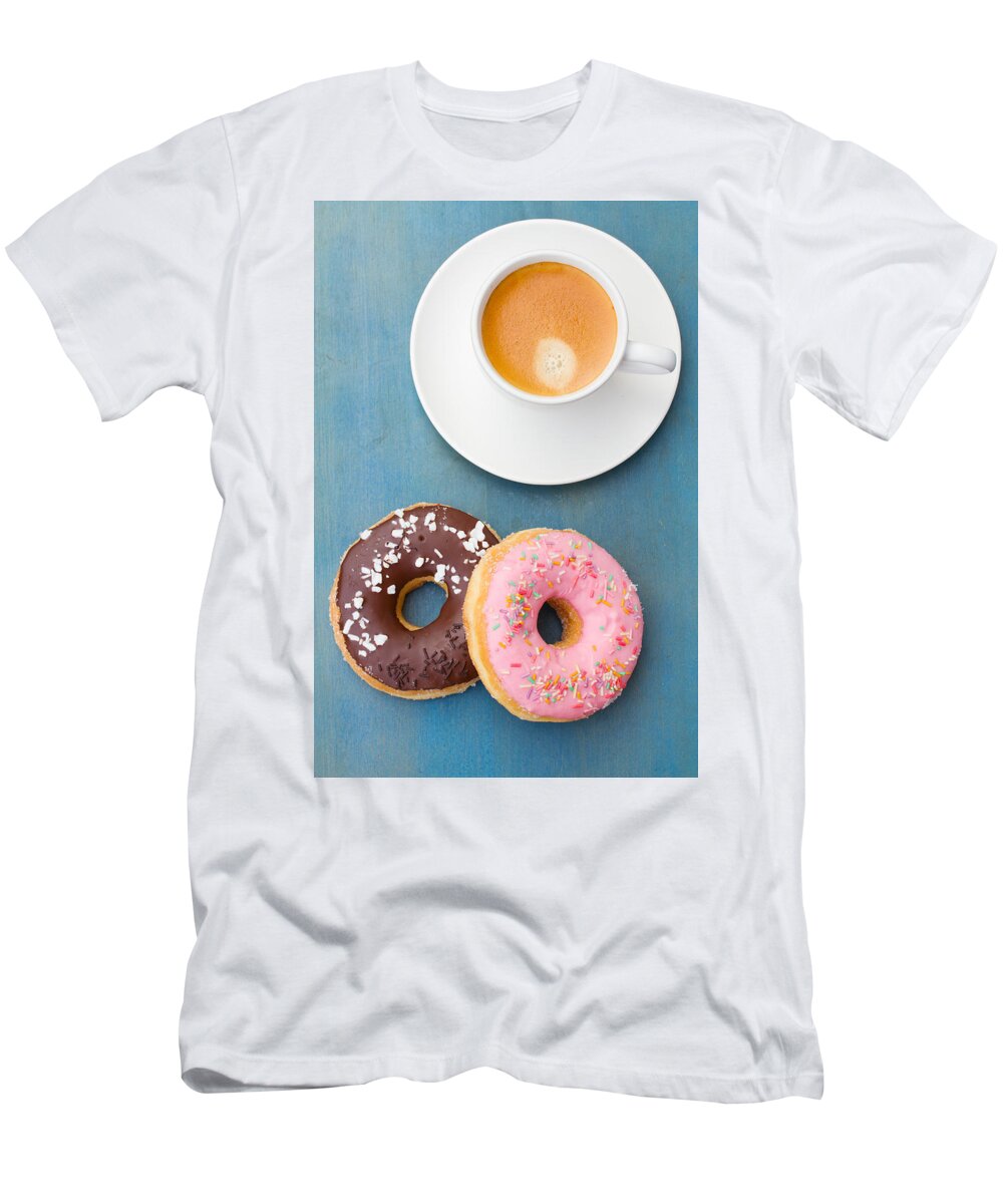 Coffee T-Shirt featuring the photograph Coffee and Baked Donuts by Anastasy Yarmolovich