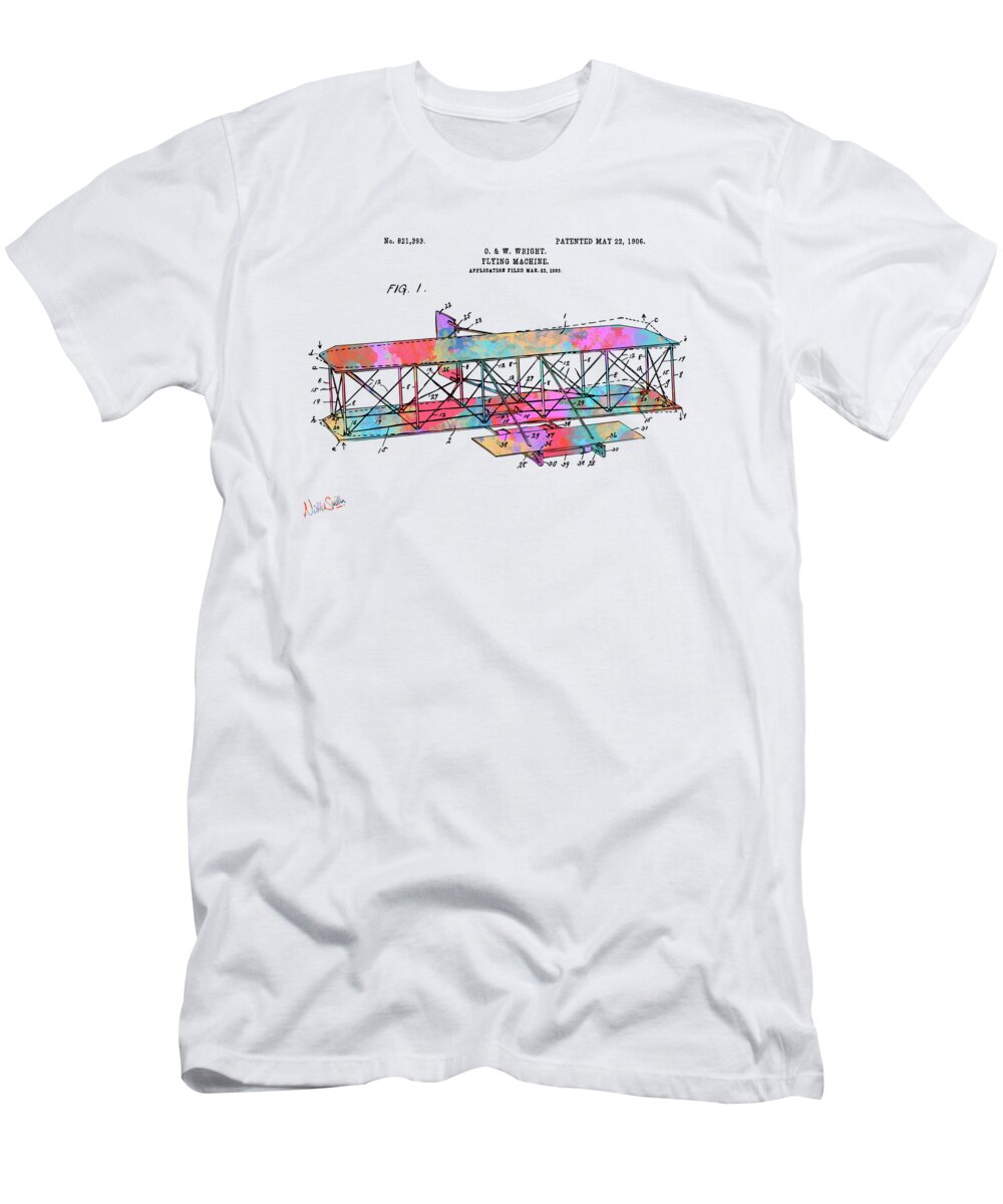 Wright Brothers T-Shirt featuring the digital art Colorful 1906 Wright Brothers Flying Machine Patent by Nikki Marie Smith