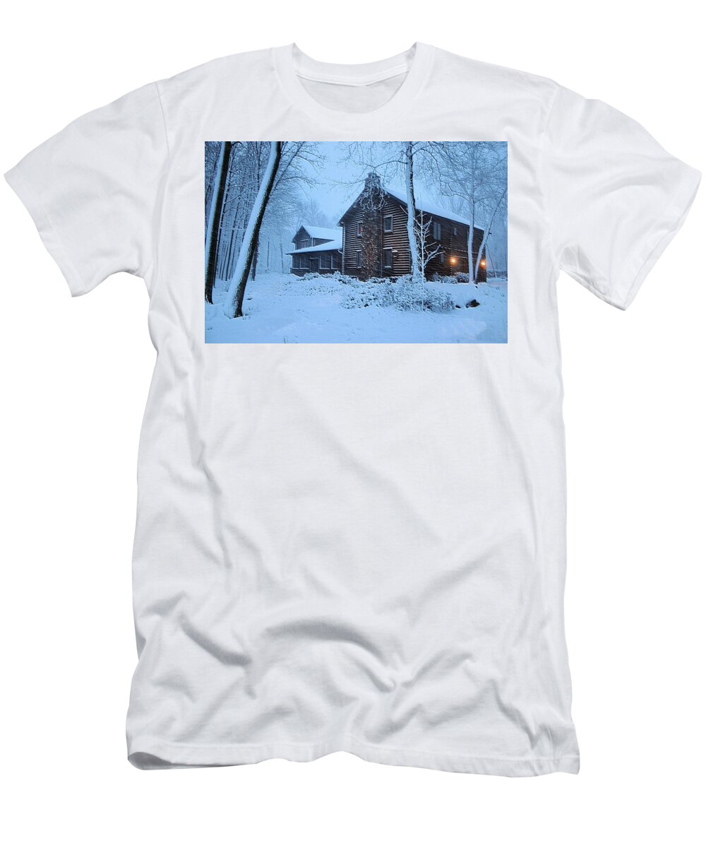 Log Cabin T-Shirt featuring the photograph Comfort from the Cold by Kristin Elmquist