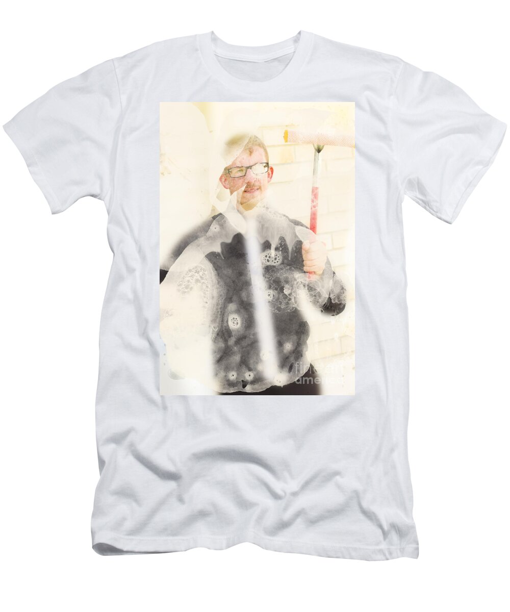 Housework T-Shirt featuring the photograph Comical cleaning man by Jorgo Photography