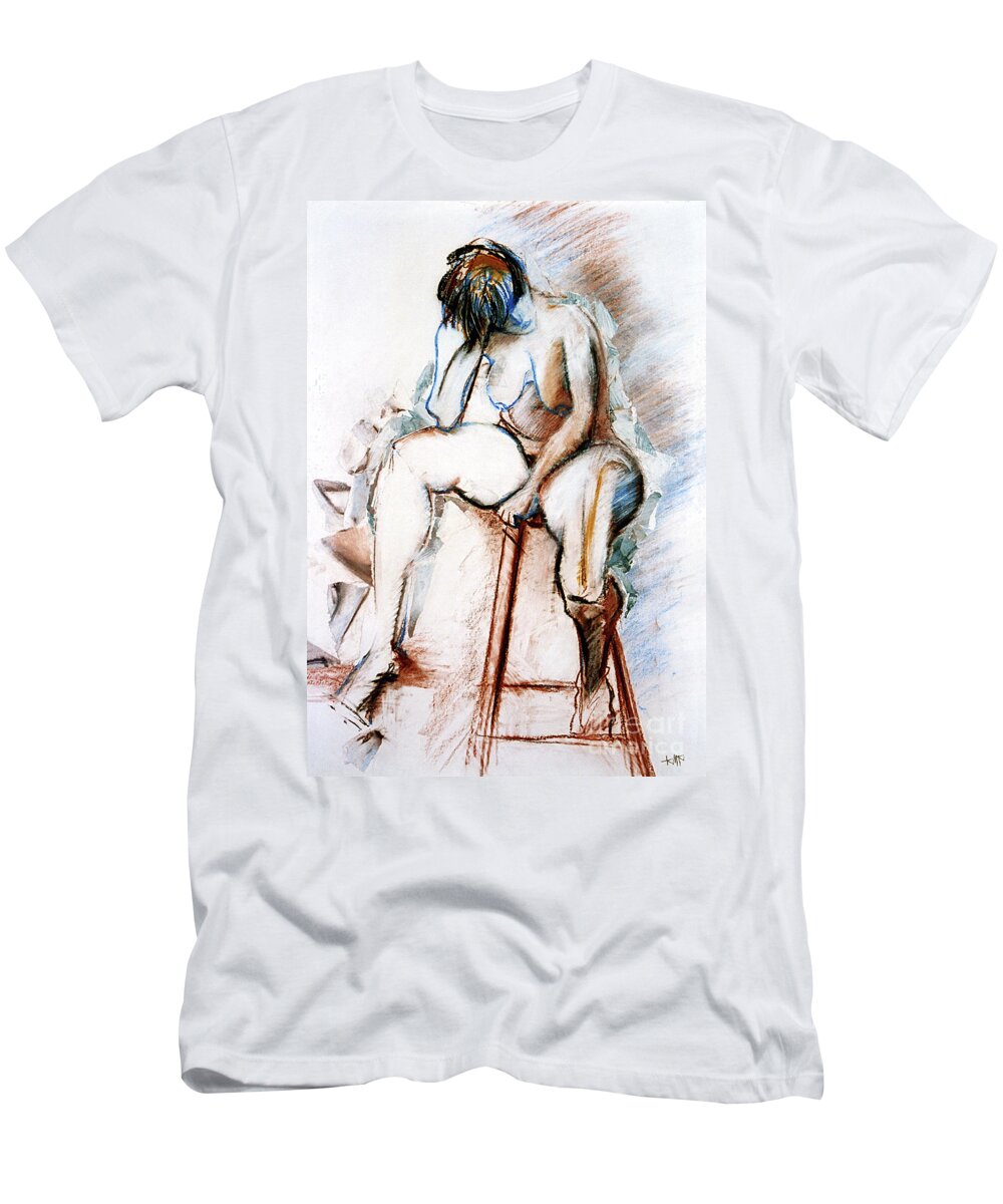 Female T-Shirt featuring the drawing Contemplation - Nude on a Stool by Kerryn Madsen-Pietsch