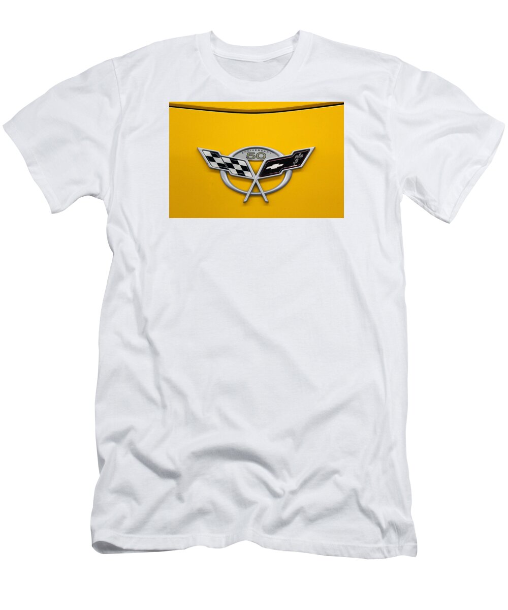 Chevy T-Shirt featuring the photograph Corvette 50th Anniversary Emblem by DB Hayes