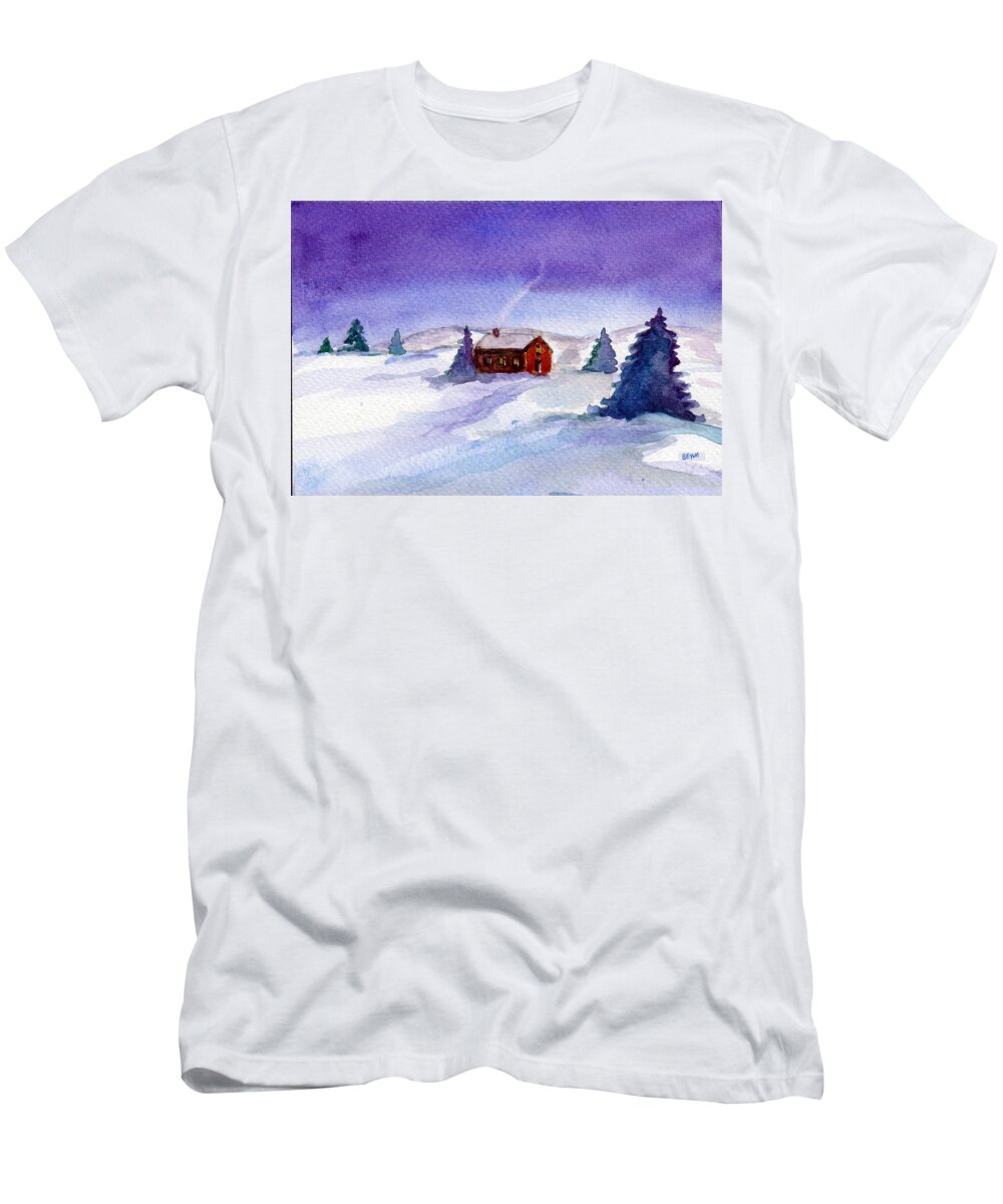Cottage T-Shirt featuring the painting Cottage in winter by Clara Sue Beym