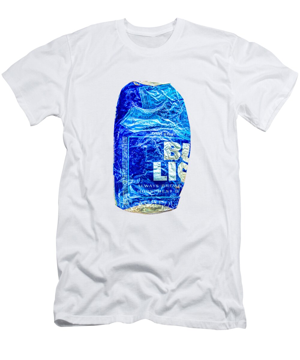 Black T-Shirt featuring the photograph Crushed Blue Beer Can on Plywood 78 Color on BW by YoPedro