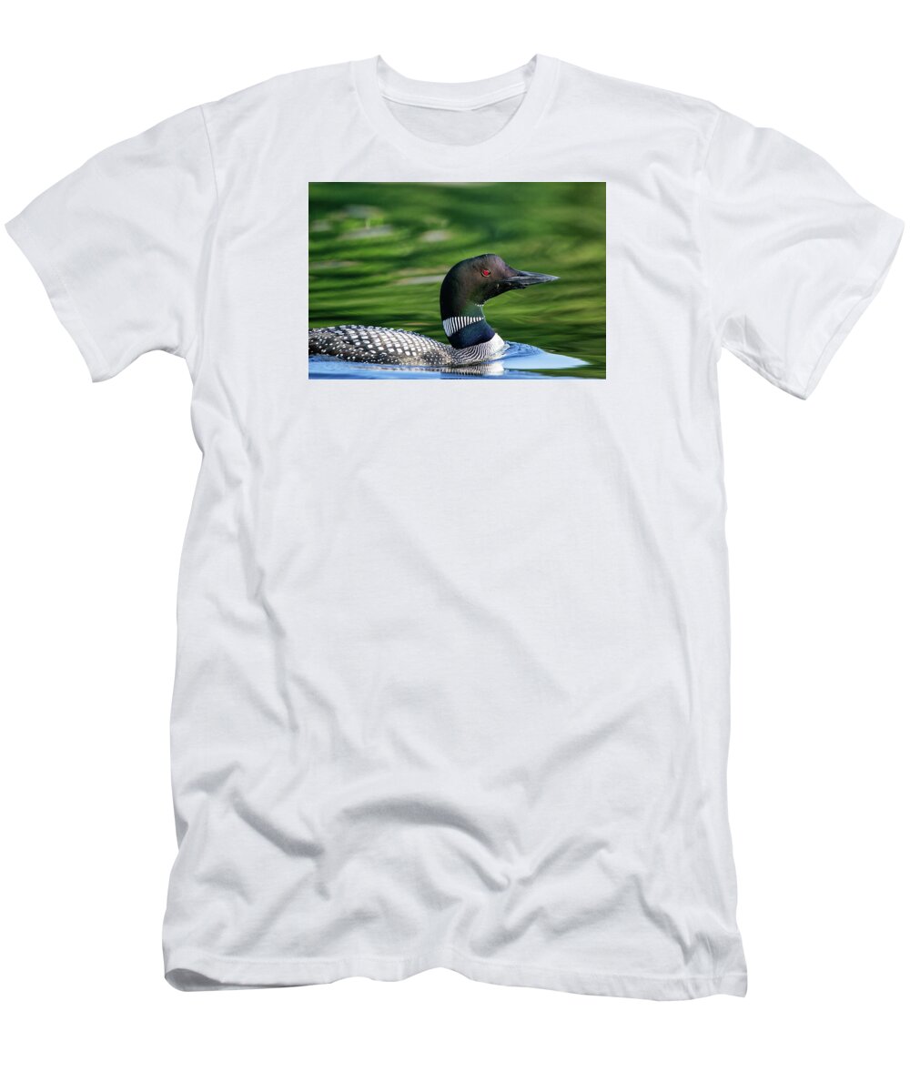 Cottage T-Shirt featuring the photograph Crusing emerald waters - Common Loon - Gavia Immer by Spencer Bush
