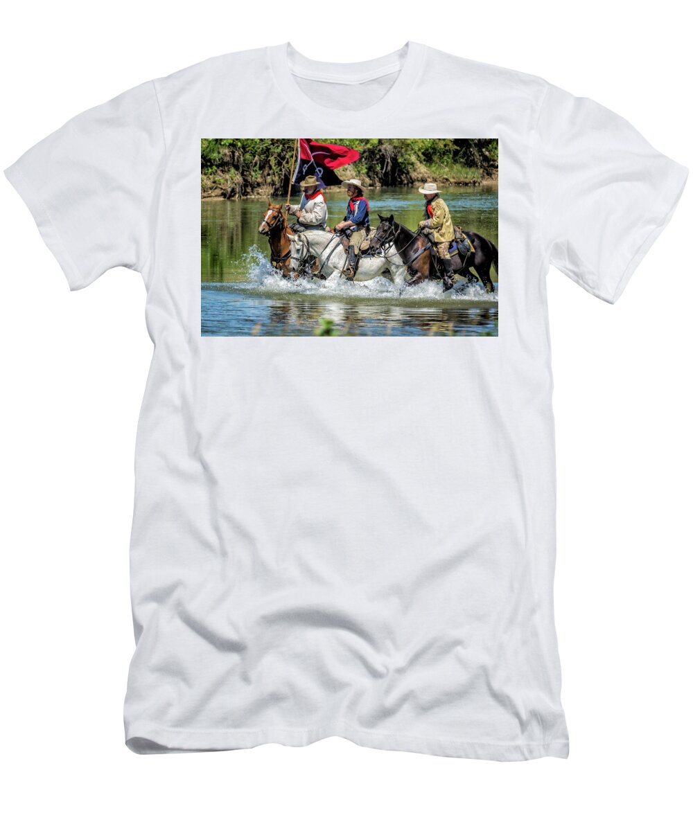 Little Bighorn Re-enactment T-Shirt featuring the photograph Custer Crossing Little Bighorn River by Donald Pash