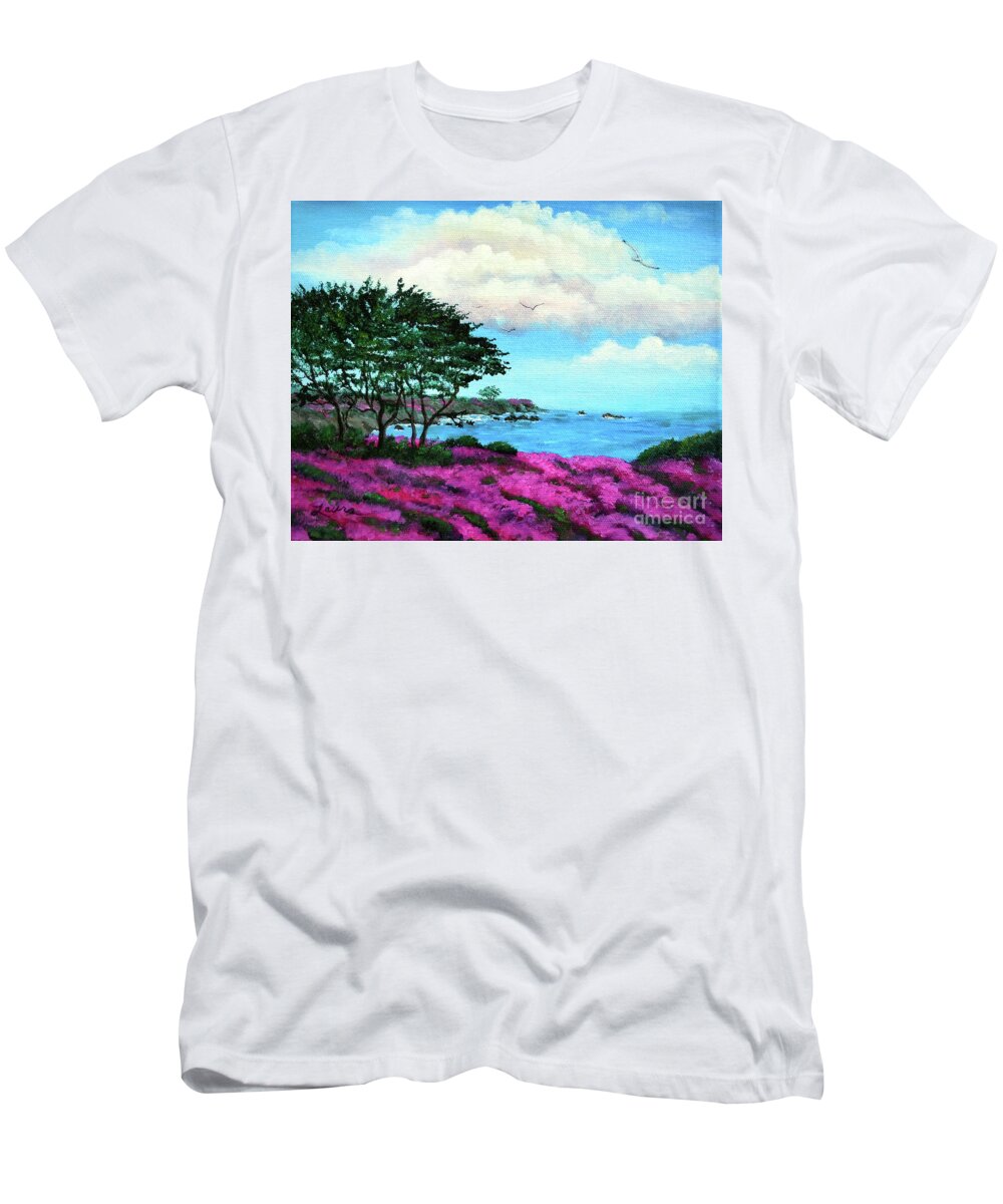 Carmel T-Shirt featuring the painting Cypress Trees by Lovers Point by Laura Iverson