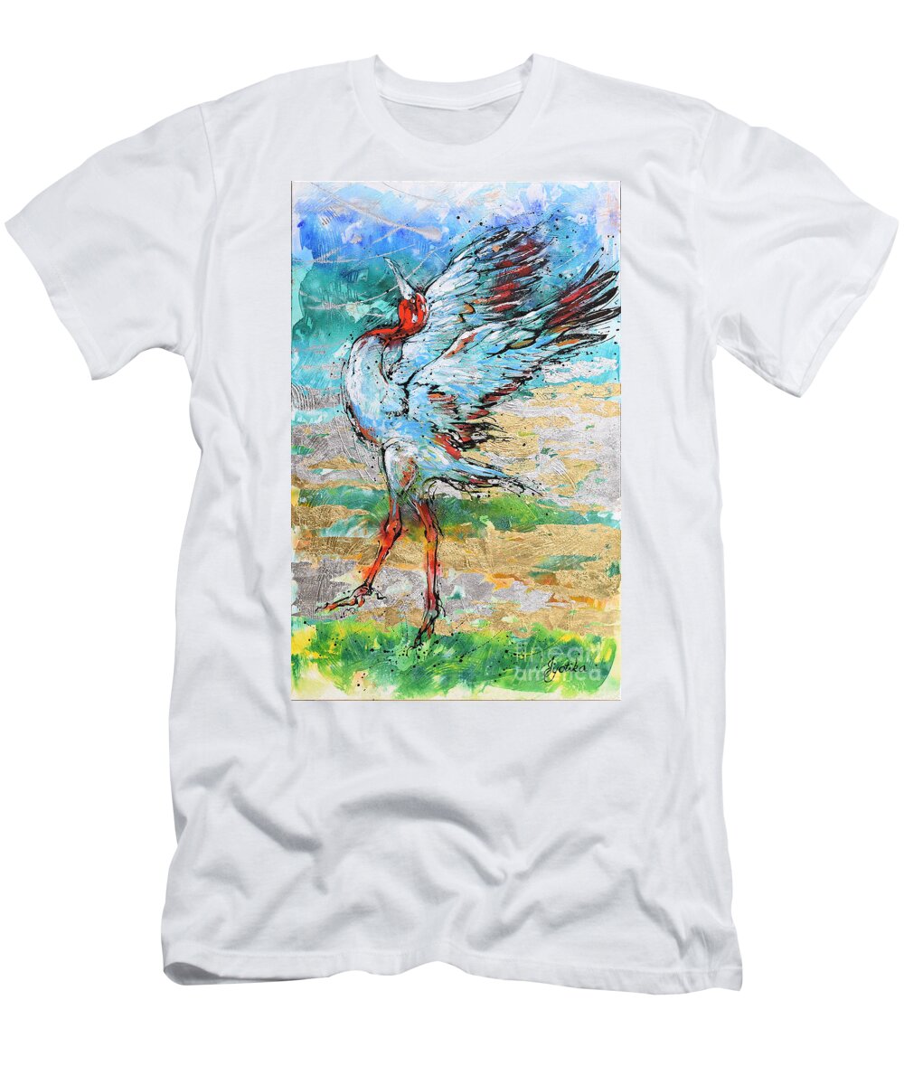 Sarus Cranes In Mating Dance. Birds T-Shirt featuring the painting Dancing Crane 2 by Jyotika Shroff