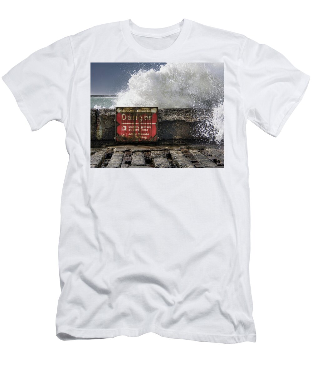 North Jetty T-Shirt featuring the photograph Danger by Greg Nyquist