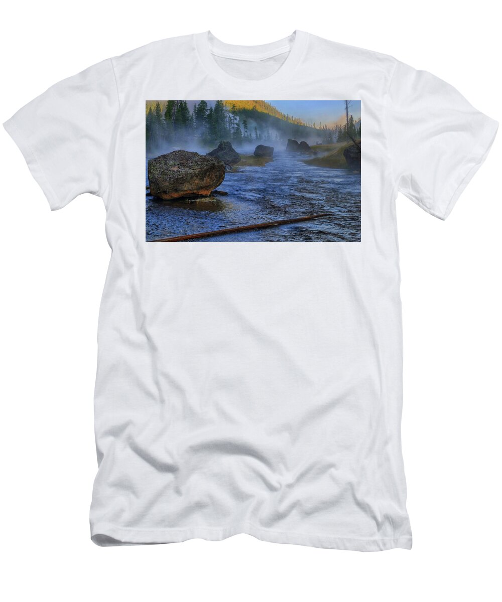 Yellowstone T-Shirt featuring the photograph Dawn on the Gibbon River by Greg Norrell