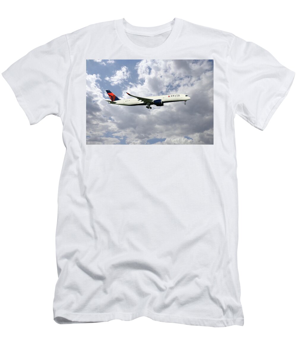 Delta T-Shirt featuring the digital art Delta Air Lines - Airbus A350-941 - N502DN by Airpower Art