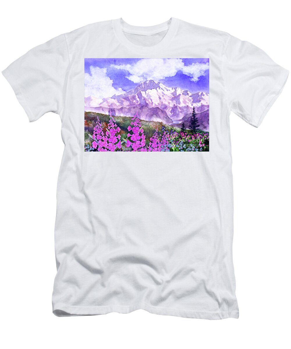 Mountain T-Shirt featuring the painting Denali with Fireweed by Teresa Ascone