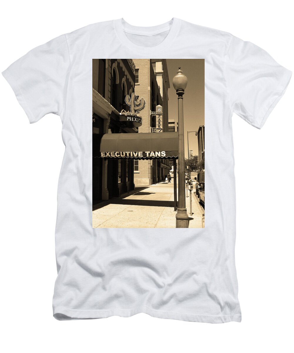 America T-Shirt featuring the photograph Denver Downtown Storefront Sepia by Frank Romeo