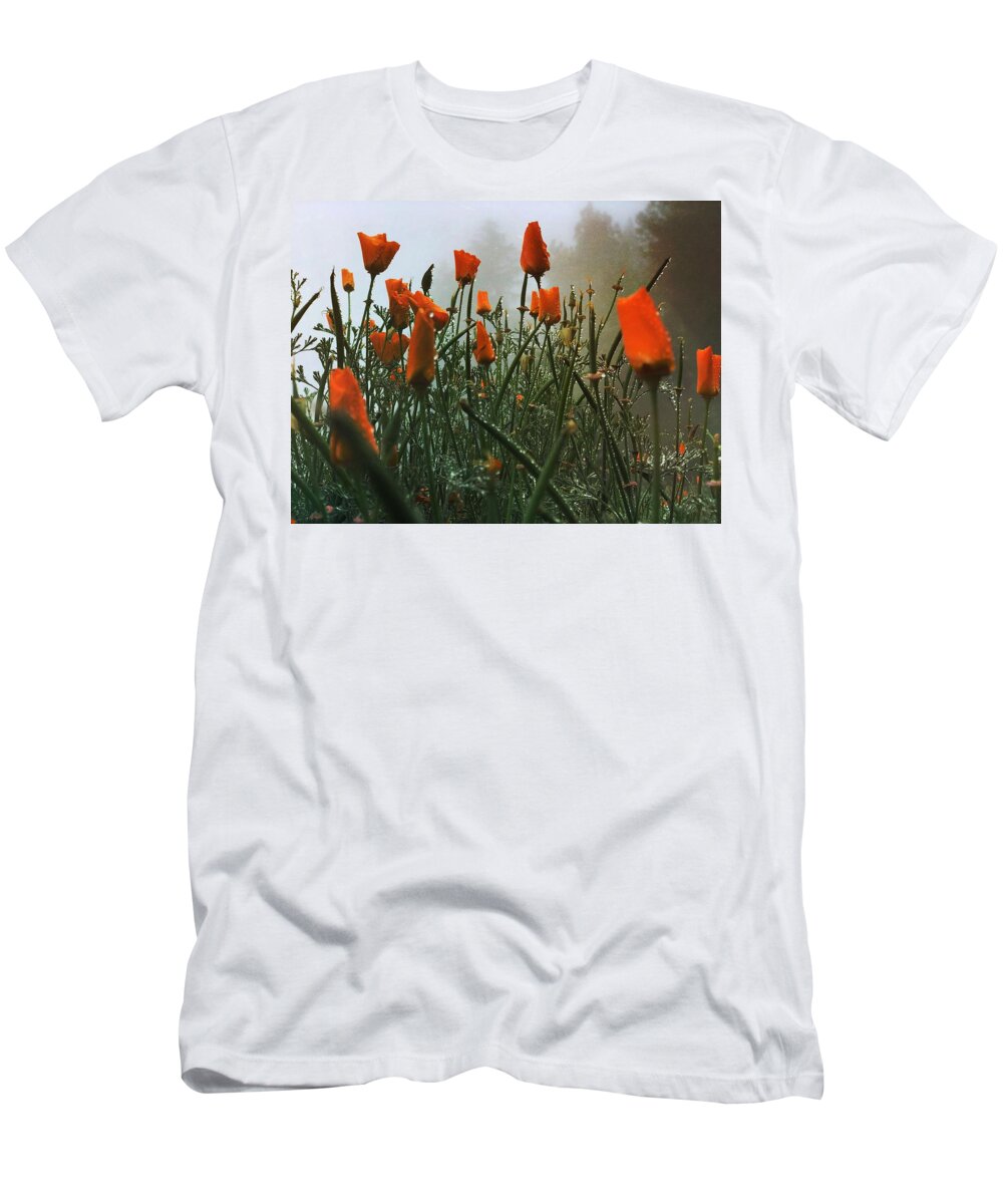 Poppy T-Shirt featuring the digital art Dew on Misty Poppies by Kevyn Bashore