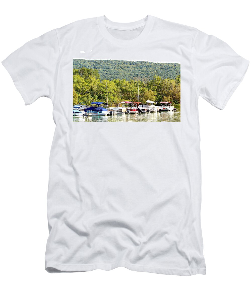 Boats Lake Mountain Trees Peaceful T-Shirt featuring the photograph Docked by Scott Burd
