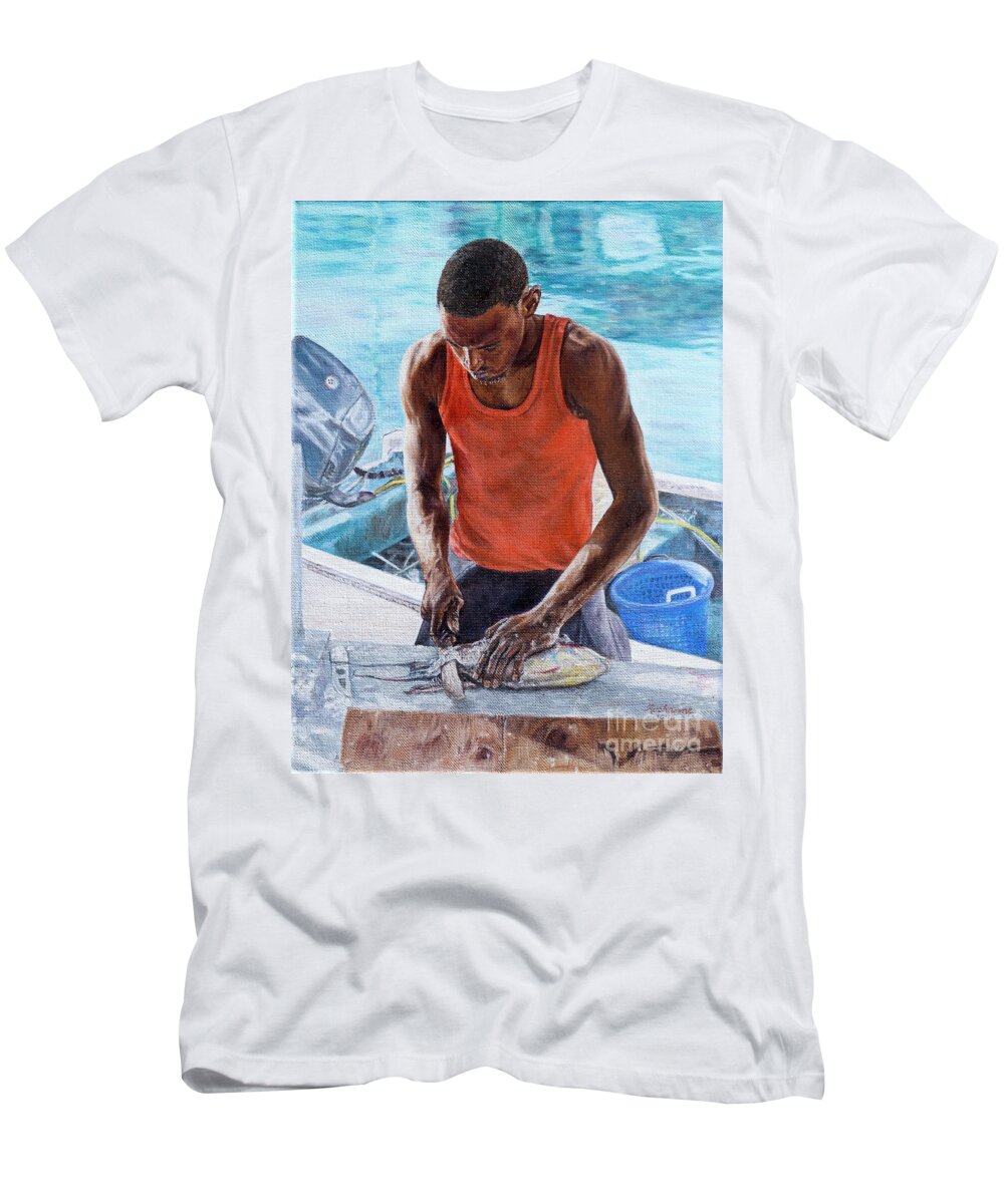 Roshanne T-Shirt featuring the painting Dockside by Roshanne Minnis-Eyma