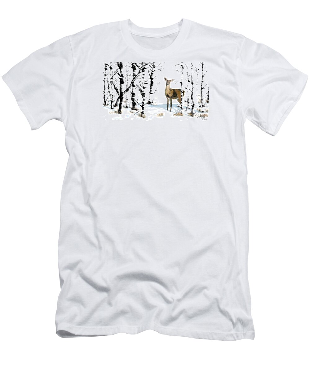 Trees T-Shirt featuring the digital art Doe in the birch trees by Debra Baldwin