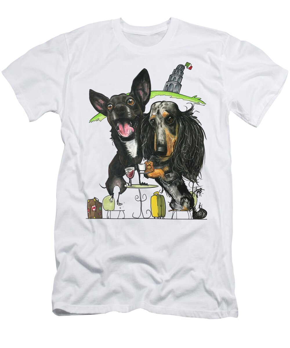 Dominguez T-Shirt featuring the drawing Dominguez, Mia and Sri by Canine Caricatures By John LaFree