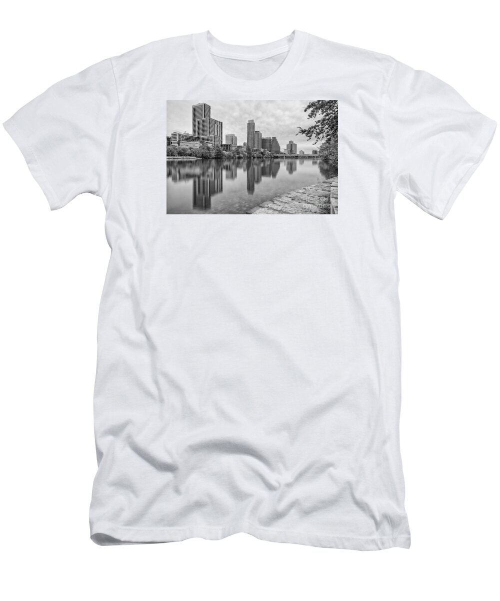 Downtown T-Shirt featuring the photograph Downtown Austin in Black and White Across Lady Bird Lake - Colorado River Texas Hill Country by Silvio Ligutti