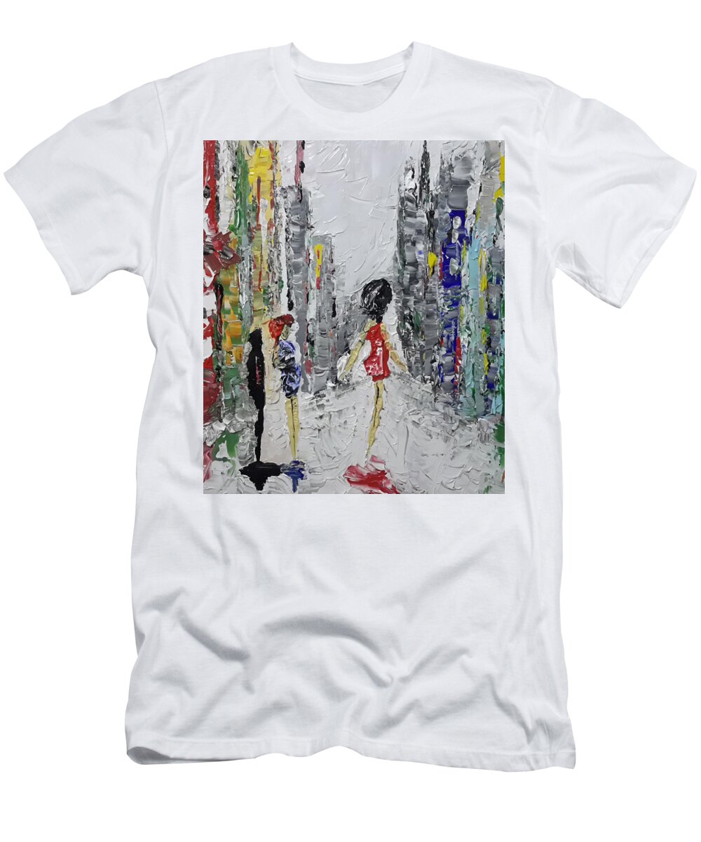 Paintings T-Shirt featuring the painting Downtown Walk by Pavel Ledvinka