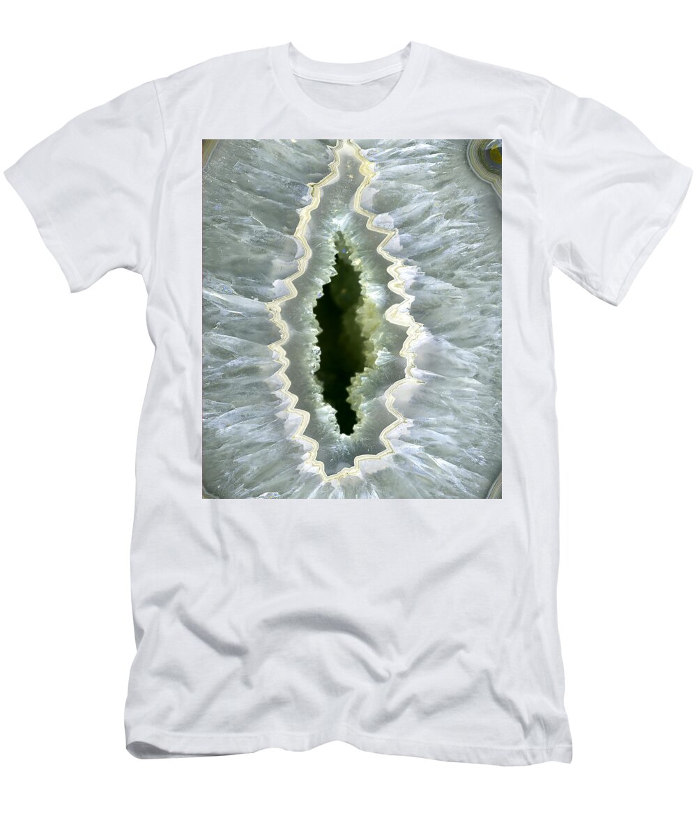 Dragon Eye Pale Grey Green Geode Agate Druzy Crystals T-Shirt featuring the photograph Dragon Eye Agate Druzy by The Quarry