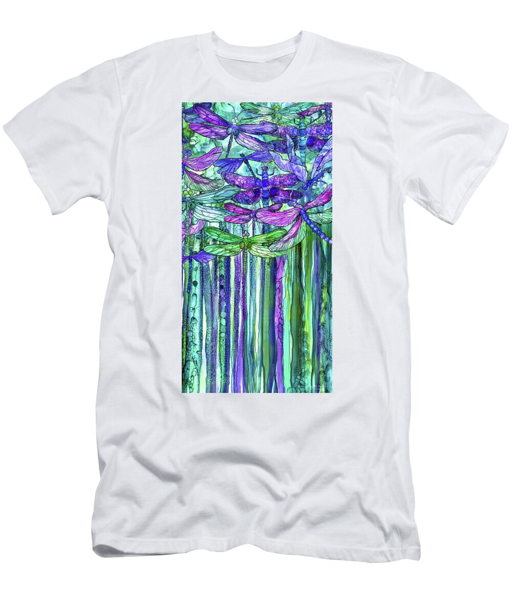 Carol Cavalaris T-Shirt featuring the mixed media Dragonfly Bloomies 2 - Purple by Carol Cavalaris