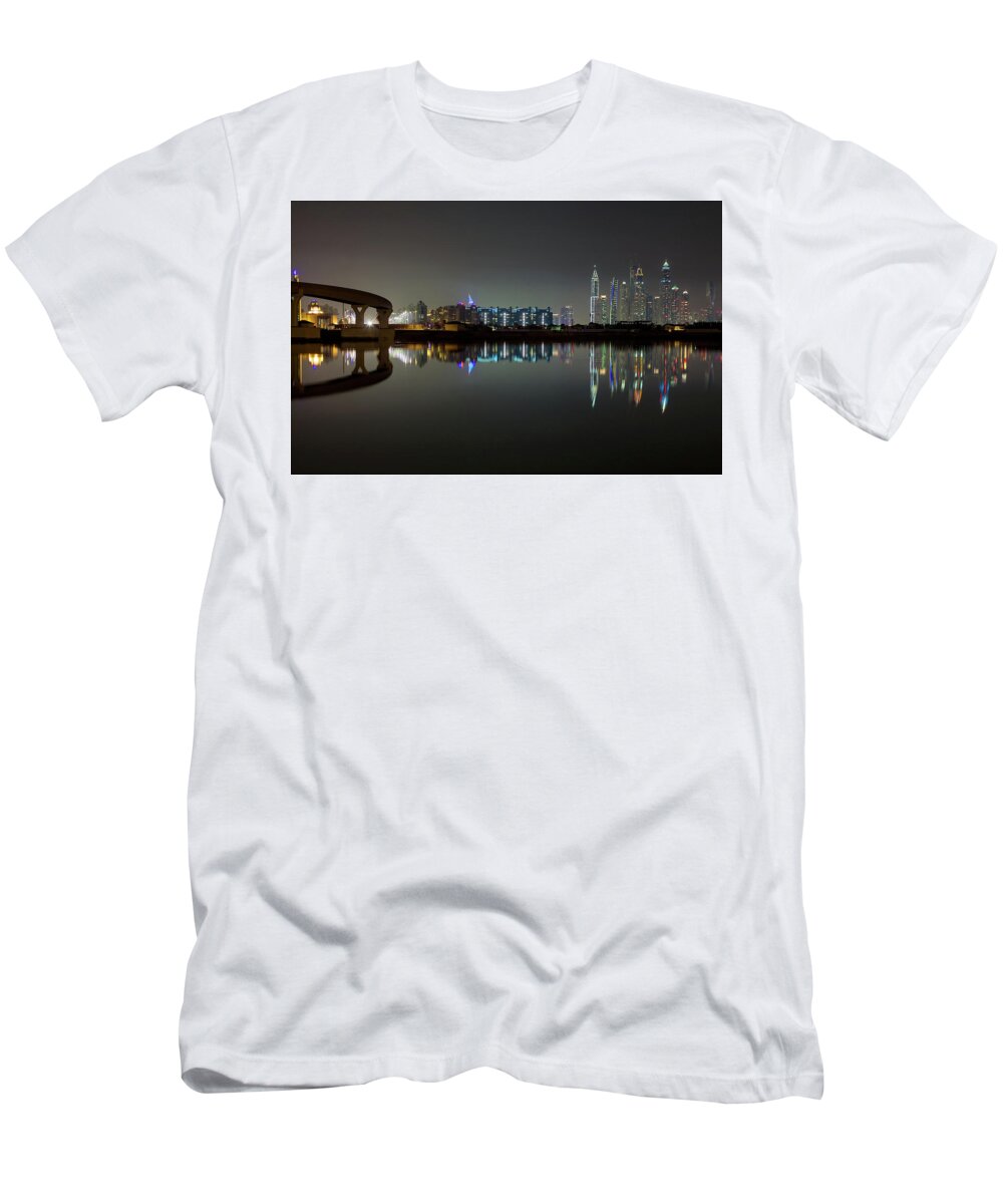 Dubai T-Shirt featuring the photograph Dubai city skyline night time reflection by Andy Myatt