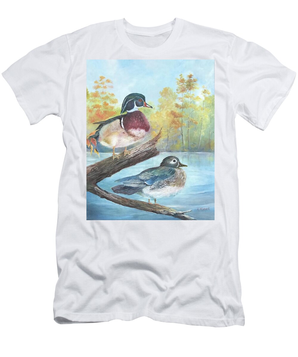 Duck T-Shirt featuring the painting Wood Ducks by ML McCormick