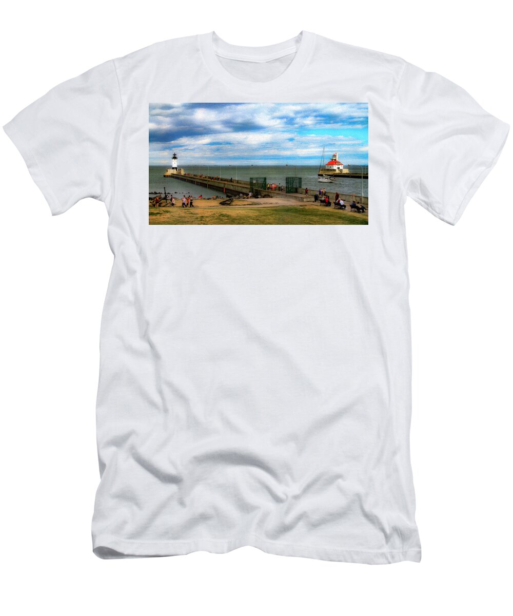 Bonnie Follett T-Shirt featuring the photograph Duluth Canal Park Lighthouses by Bonnie Follett