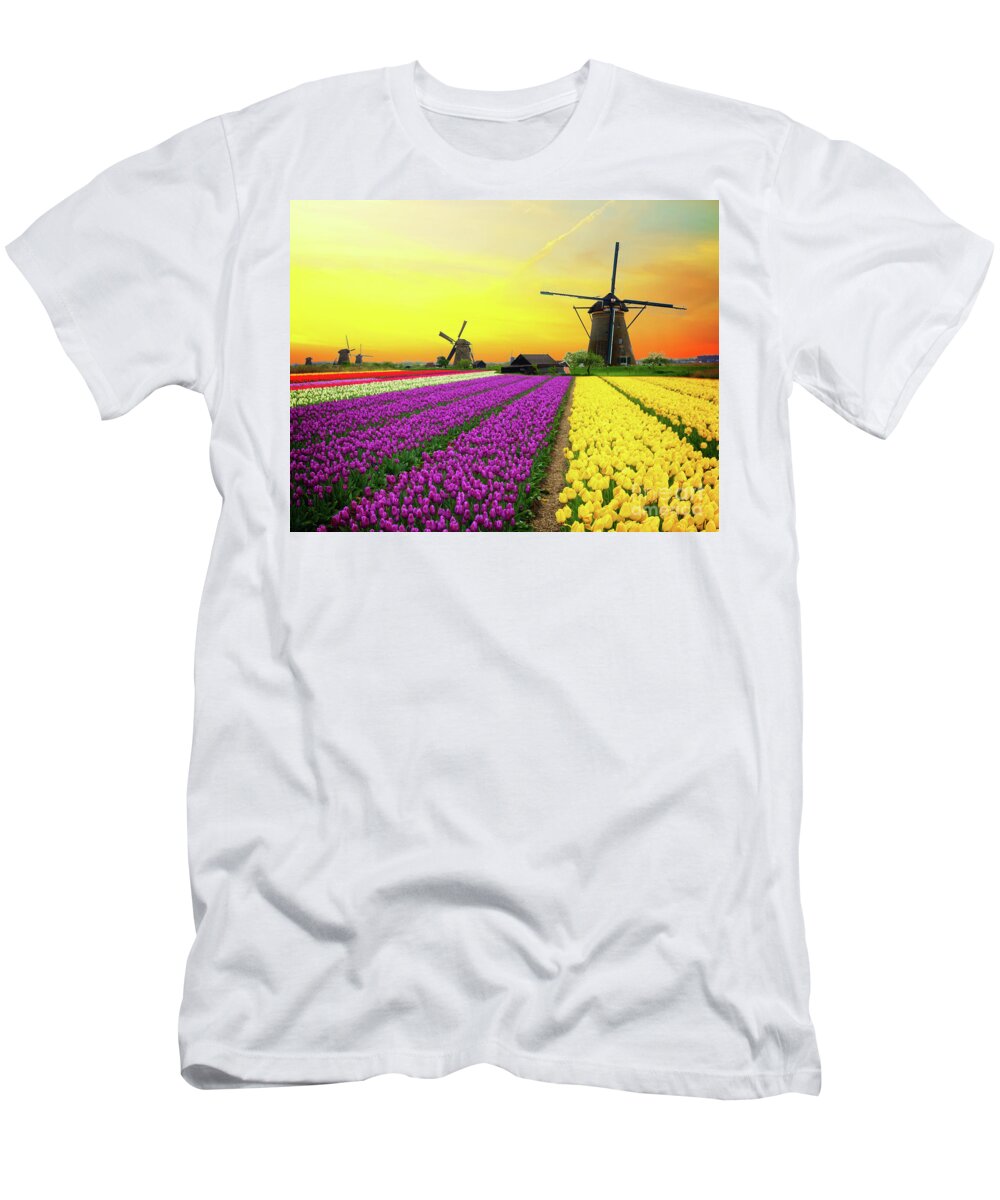 Netherlands T-Shirt featuring the photograph Dutch windmills and Sunset by Anastasy Yarmolovich