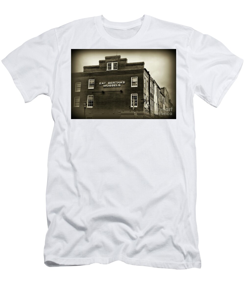 Paul Ward T-Shirt featuring the photograph Eat Berthas Mussels in black and white by Paul Ward