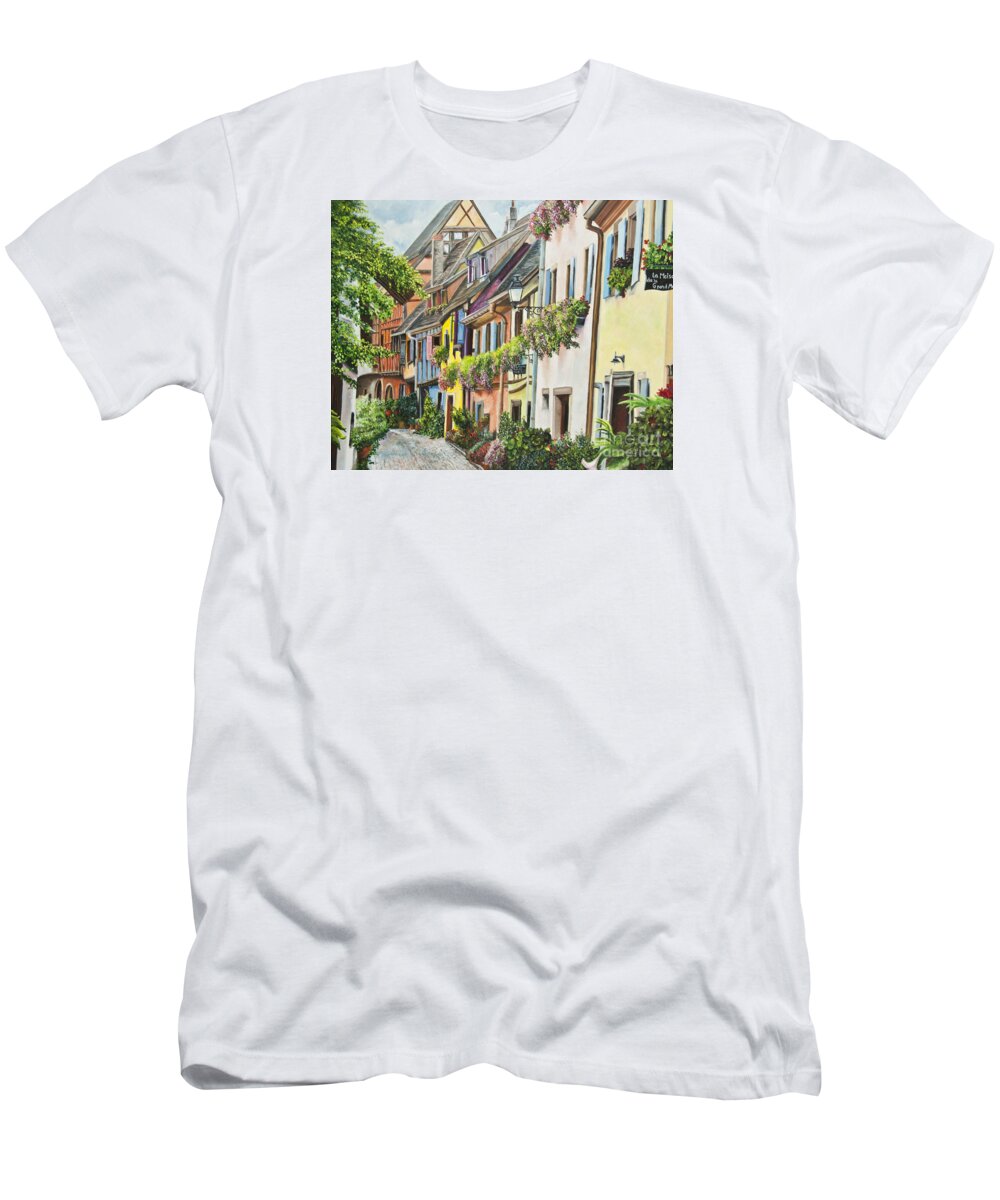 Eguisheim T-Shirt featuring the painting Eguisheim In Bloom by Charlotte Blanchard