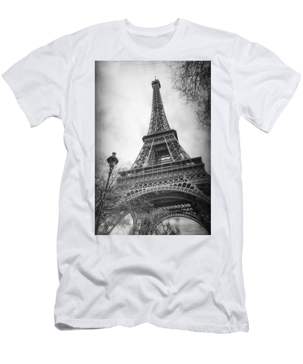 Eiffel Tower T-Shirt featuring the photograph Eiffel Tower and Lamp Post BW by Joan Carroll