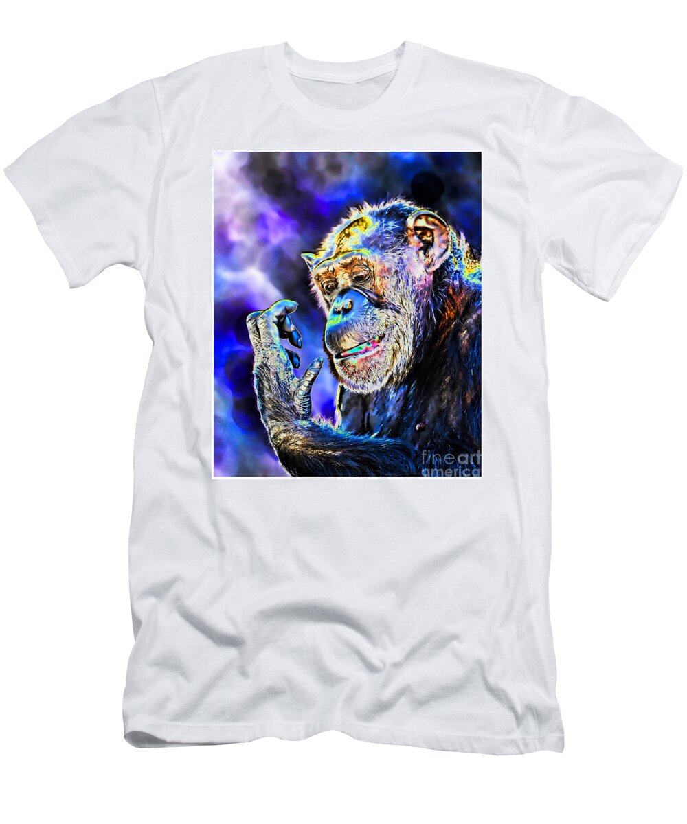 Elderly Chimp T-Shirt featuring the digital art Elderly Chimp Studying Her Hand Altered Version by Jim Fitzpatrick