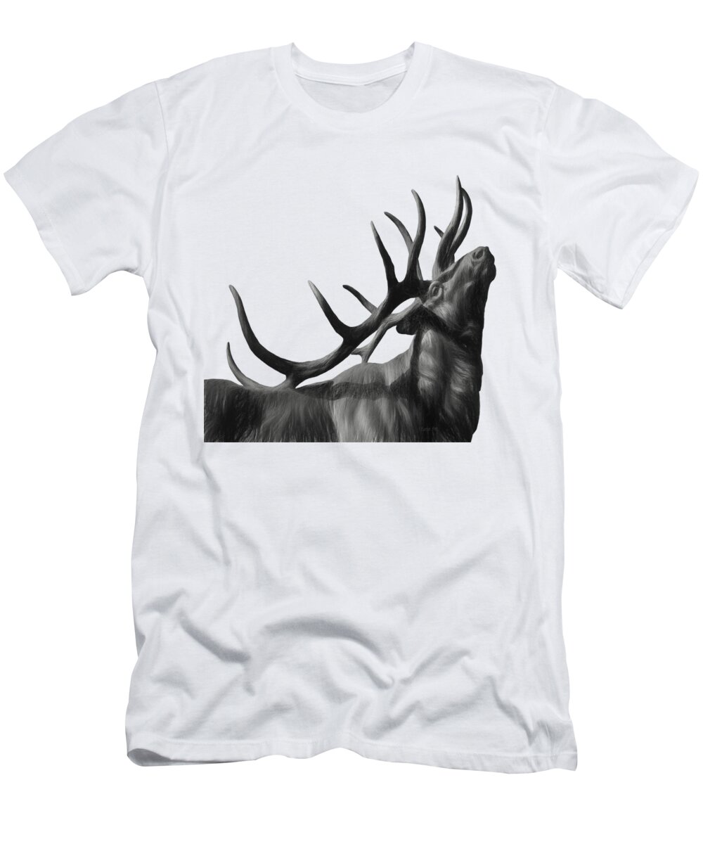  Black T-Shirt featuring the painting Elk in Black in White by O Lena