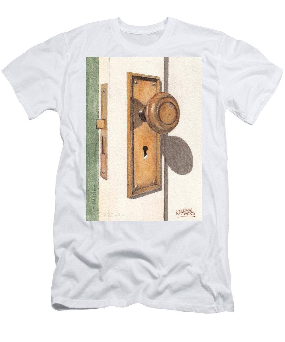Door T-Shirt featuring the painting Emily's Door Knob by Ken Powers