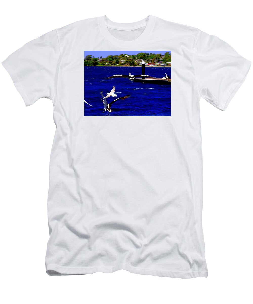 Pelican T-Shirt featuring the photograph Everyone On The Move At Greenwell Point by Miroslava Jurcik