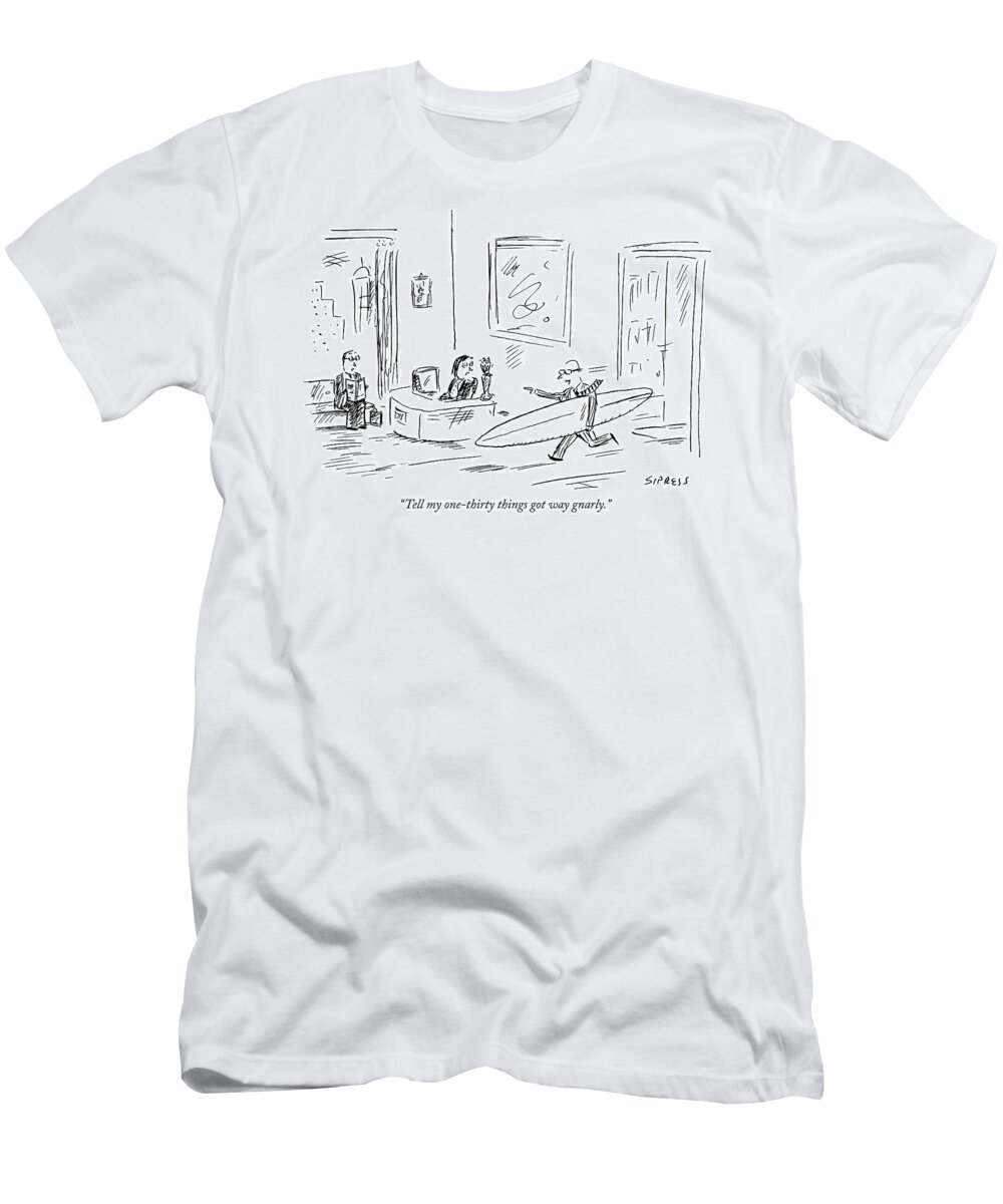 Sports T-Shirt featuring the drawing Executive Running From His Office With Surfboard by David Sipress