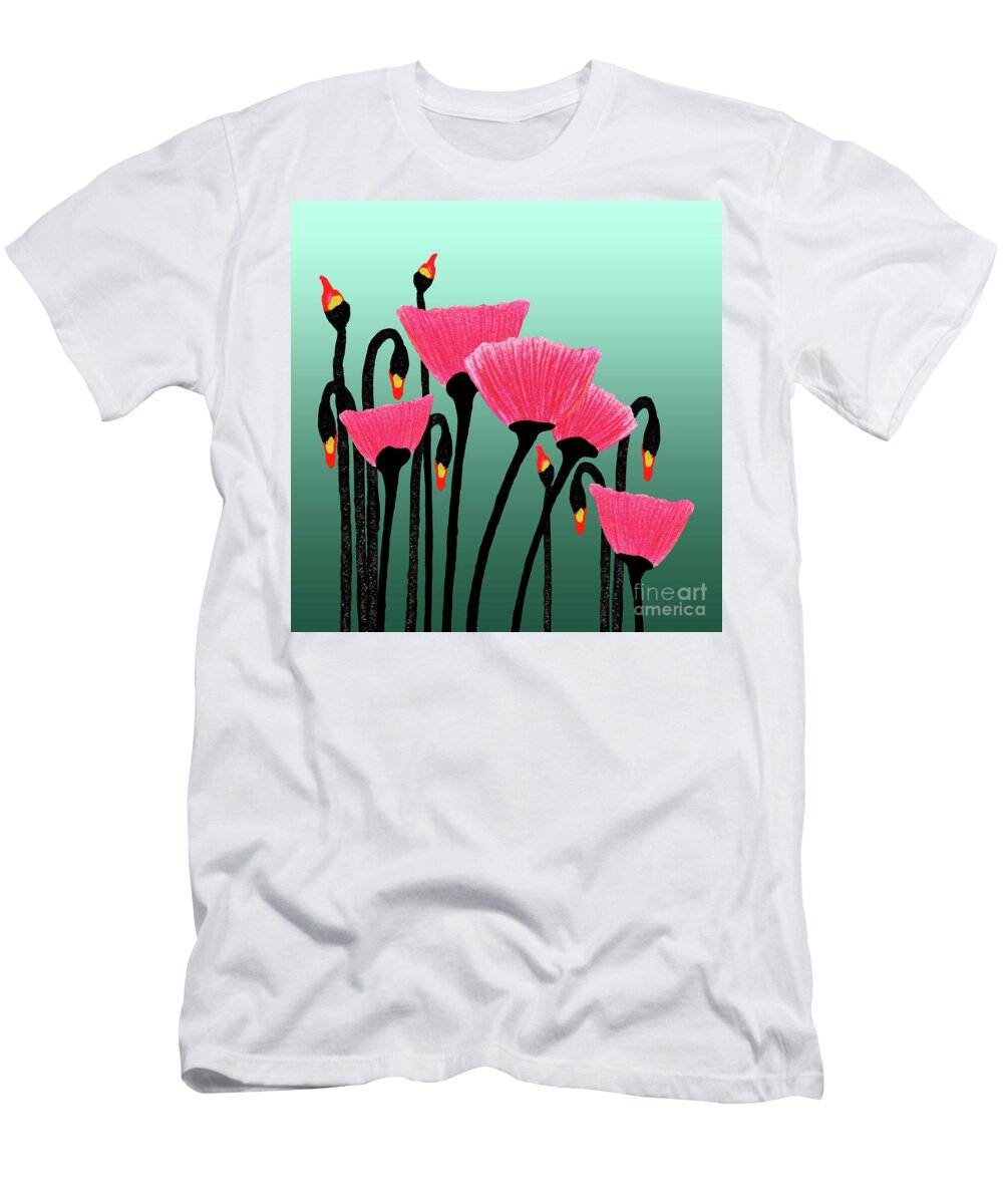 Abstract T-Shirt featuring the painting Expressive Red Pink and Green Poppy Field 3309s by Ricardos Creations