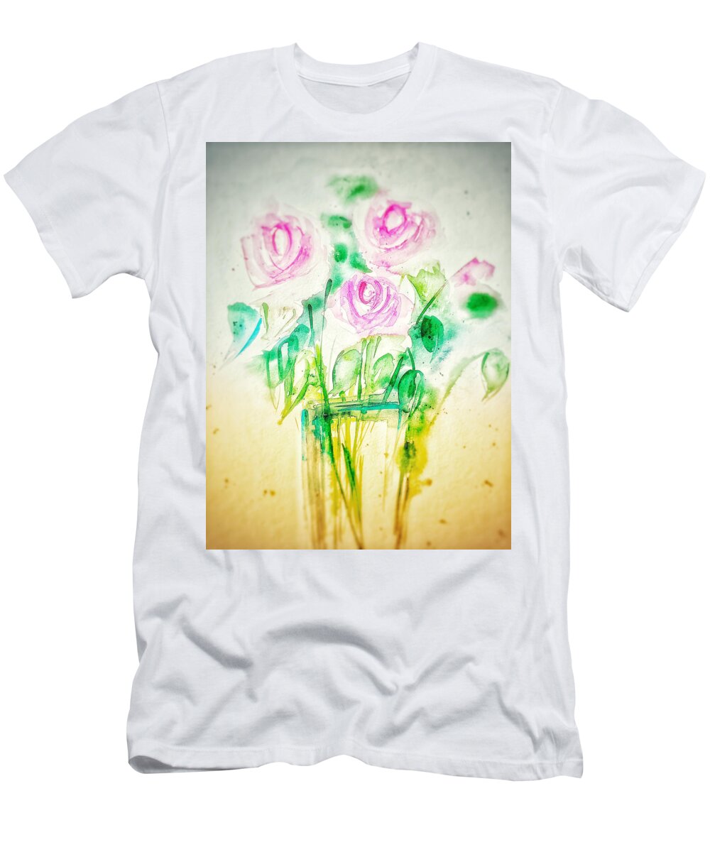 Pink Roses T-Shirt featuring the mixed media Expressive Roses by Britta Zehm