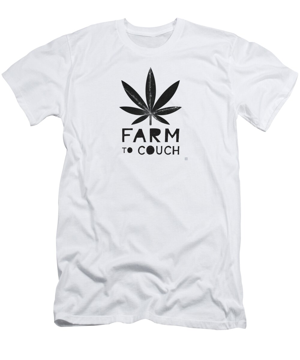 Cannabis T-Shirt featuring the mixed media Farm To Couch Black And White- Cannabis Art by Linda Woods by Linda Woods