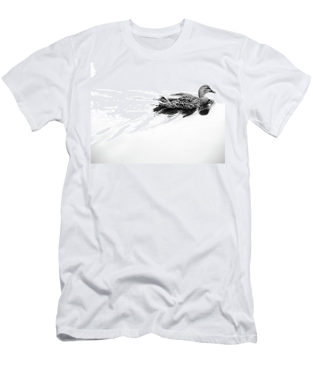 Mallard Duck T-Shirt featuring the photograph Female Mallard Duck in Black and White 2 by Angie Tirado