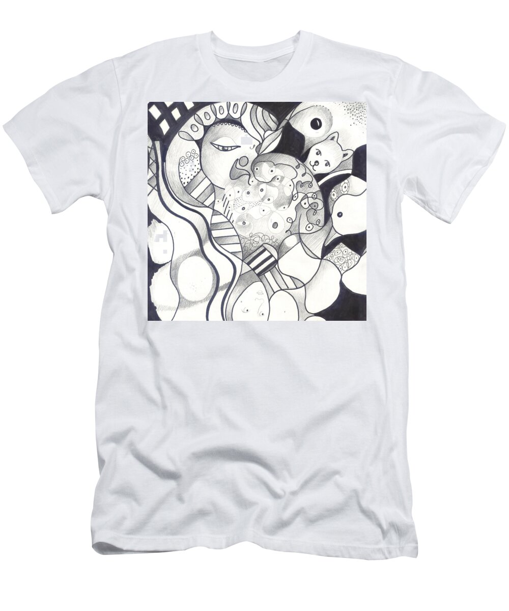 Figurative Abstraction T-Shirt featuring the drawing Finding The Goose That Laid The Egg by Helena Tiainen