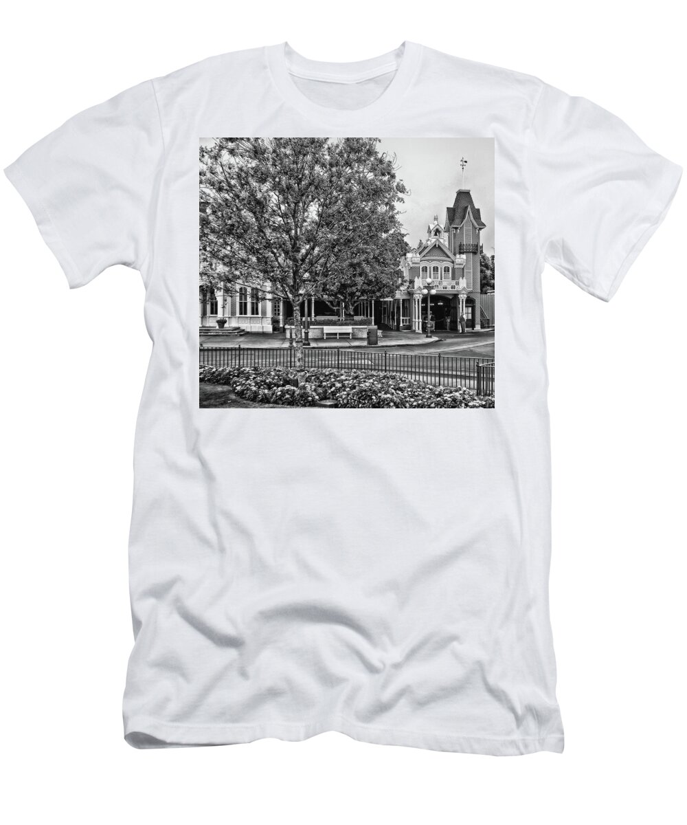Black And White T-Shirt featuring the photograph Fire Station Main Street in Black and White Walt Disney World MP by Thomas Woolworth
