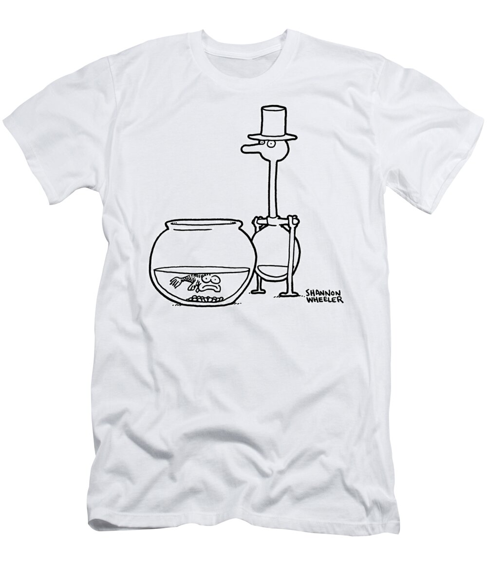 Drinking Bird T-Shirt featuring the drawing Fish and Drinking Bird by Shannon Wheeler