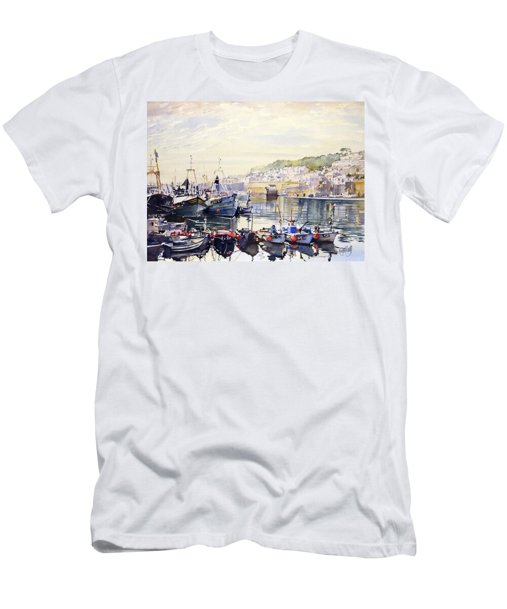 Boats T-Shirt featuring the painting Fishing Boats in Newlyn Harbour by Margaret Merry