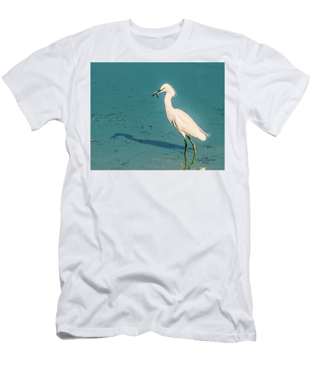 Egret T-Shirt featuring the photograph Fishing for Lunch by Steph Gabler