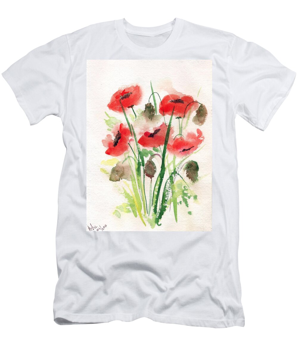 Poppies 3 T-Shirt featuring the painting Five poppies by Asha Sudhaker Shenoy