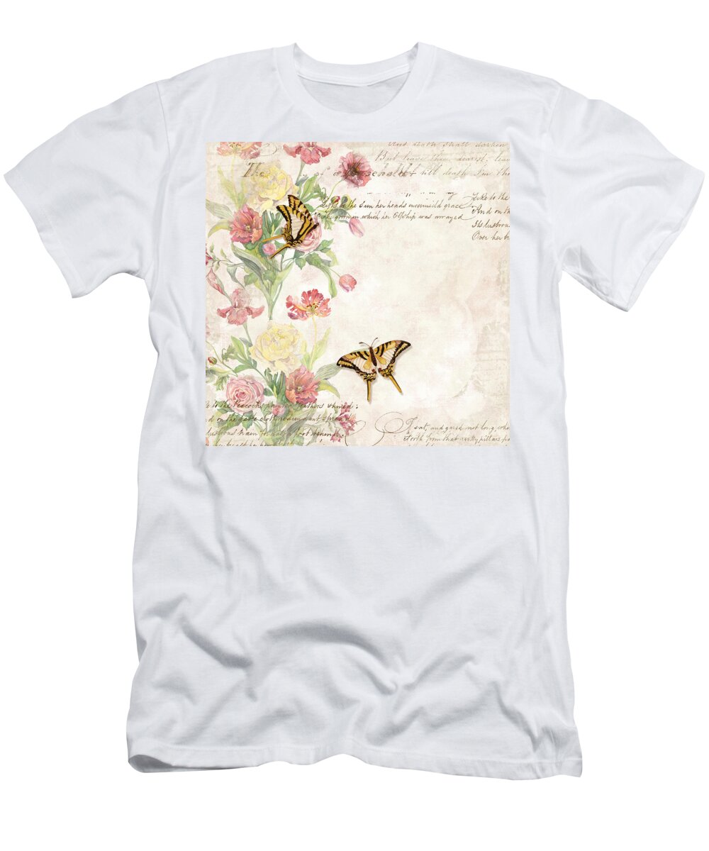 Butterfly T-Shirt featuring the painting Fleurs de Pivoine - Watercolor w Butterflies in a French Vintage Wallpaper Style by Audrey Jeanne Roberts